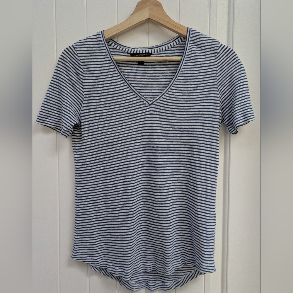 Banana Republic Navy and White Striped V-Neck Linen Tee